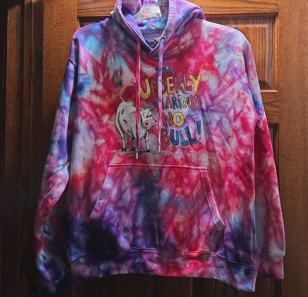 Handmade Ice Dye Graphic Hoodie — Multicolor “Udderly Hilarious No Bull”